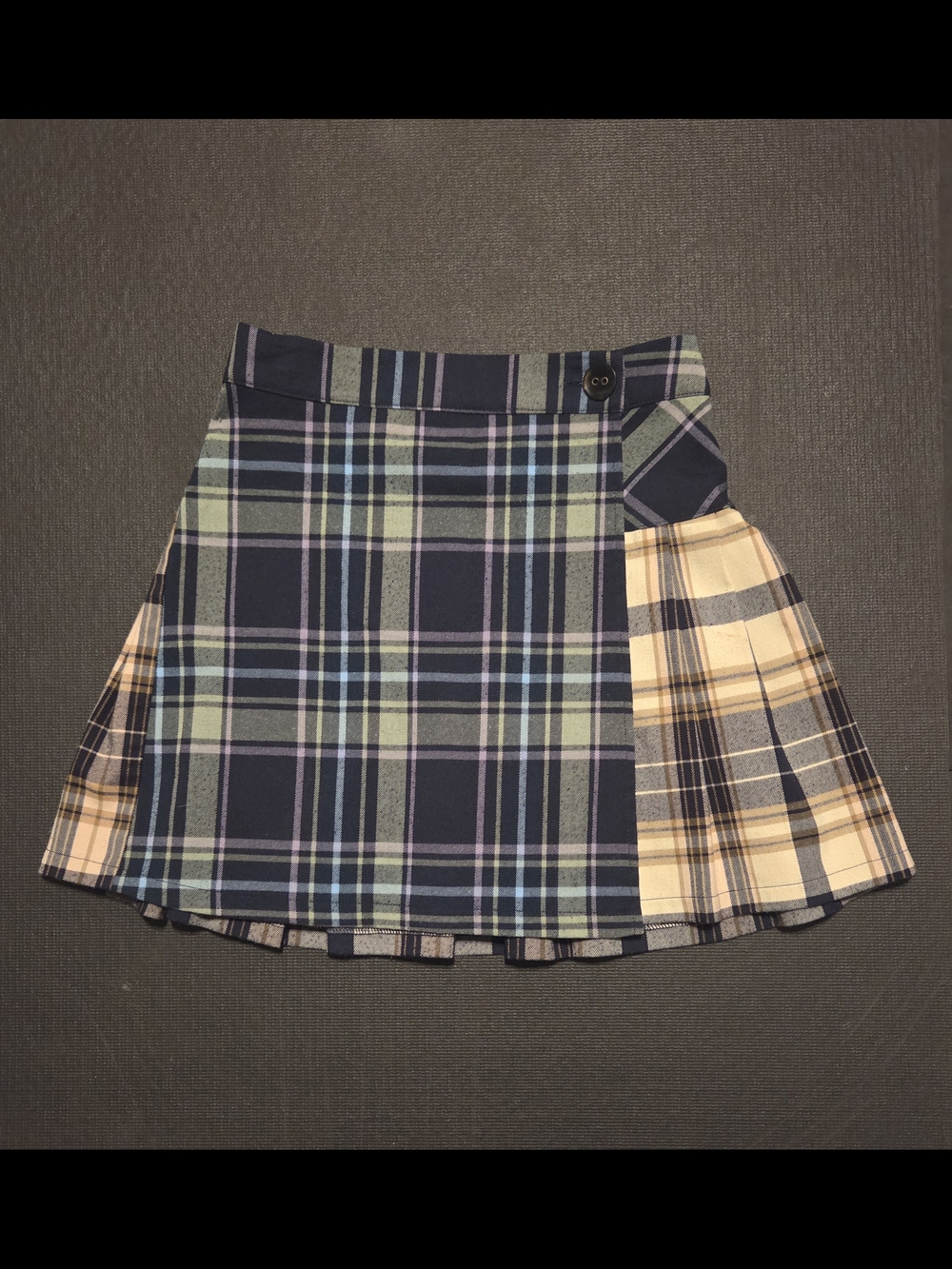 Urban Outfitters Two-Tone Plaid Wrap Mini Skirt — Navy, Beige & Olive